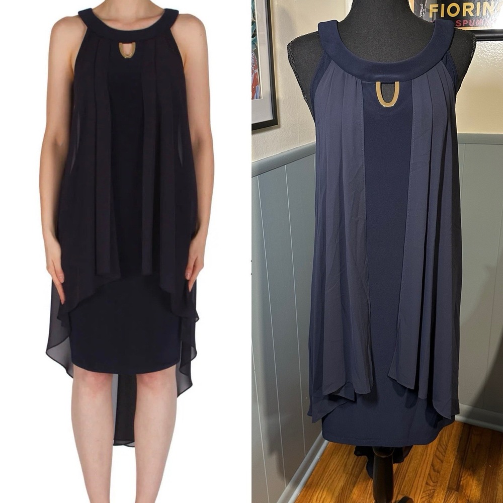 Joseph Ribkoff Chiffon Sleeveless Cutout Cocktail Dress Size 12 Blue Knee Length